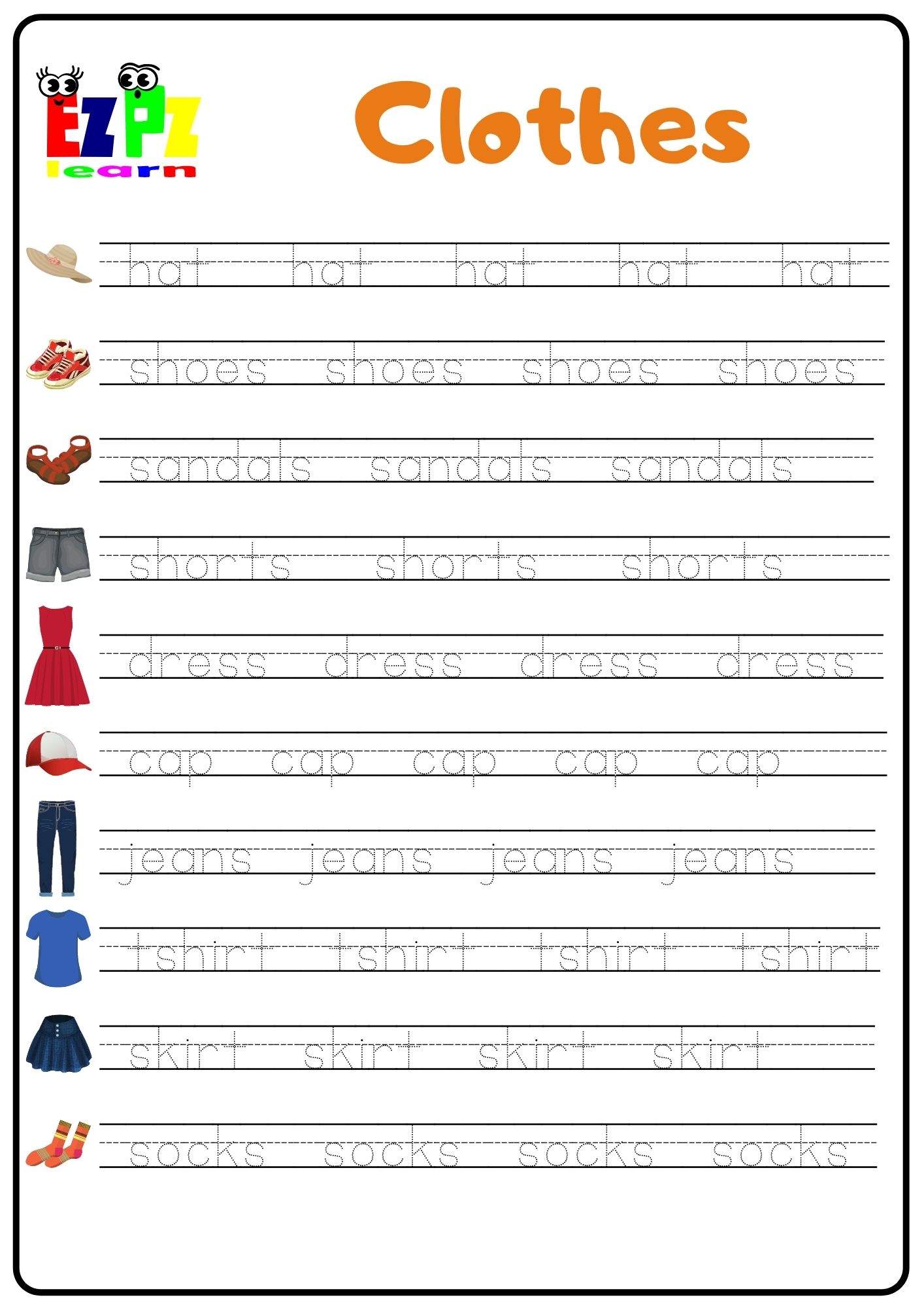Clothes Word Tracing Worksheet Ezpzlearn